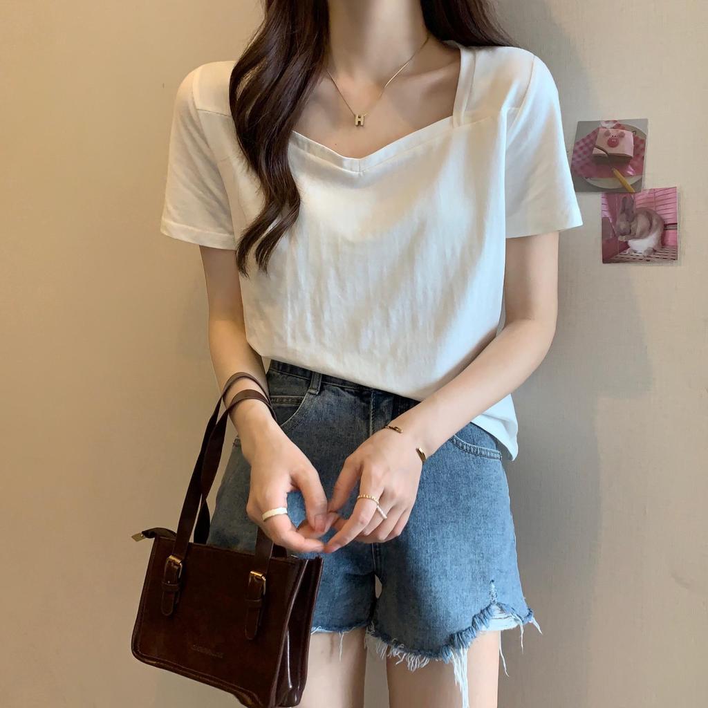 Women's Summer V-Neck Loose Fit Korean Style Short-Sleeve Solid Color Casual T-Shirt