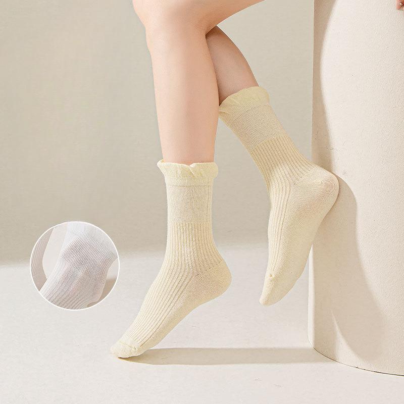 Lace Socks, Women's Mid-calf Socks, Summer Anti-slip Boneless Socks, Spring and Autumn Solid-colored Cotton Socks, Long Calf Pile Socks
