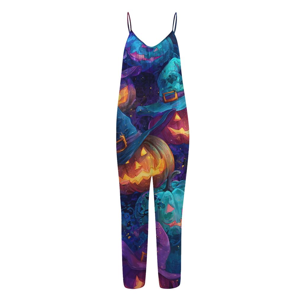Women's Halloween Print Jumpsuit Casual Loose Fit Sleeveless Spaghetti Strap Wide Leg One Piece Romper for Seasonal Wear