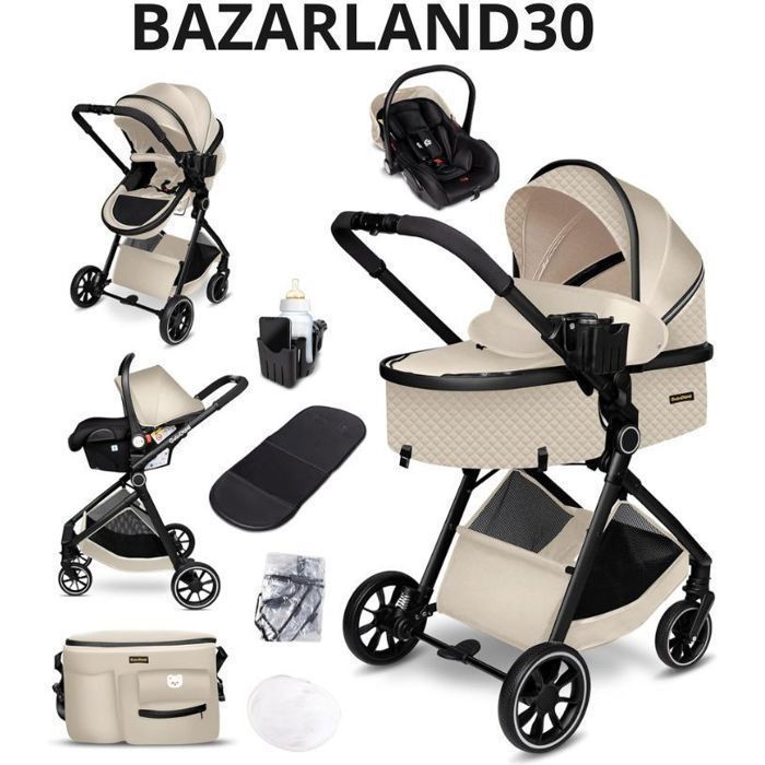BAZARLAND30. Kombinovaný kočárek 3 v 1autosedačka, hluboká korbička, ultralehký (Cca. 7 kg), pláštěnka, moskytiéra. béžová/černá