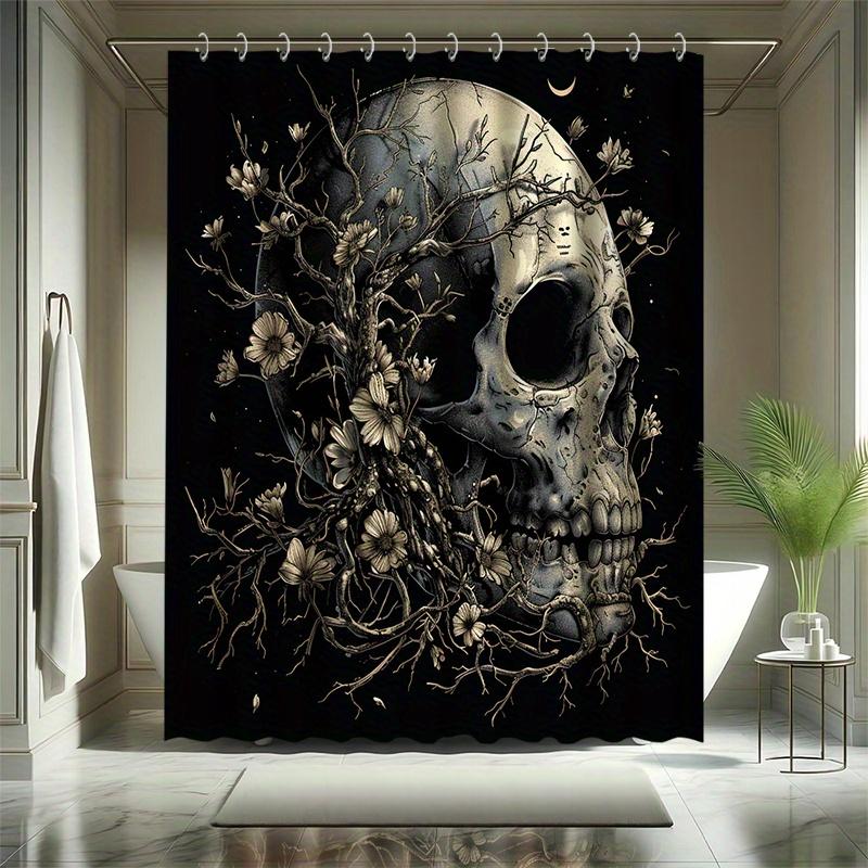 Halloween Skull And Flower Shower Curtain Set - 12 Hooks, Water-Resistant Polyester, All-Season, Abstract Pattern, Horror Theme