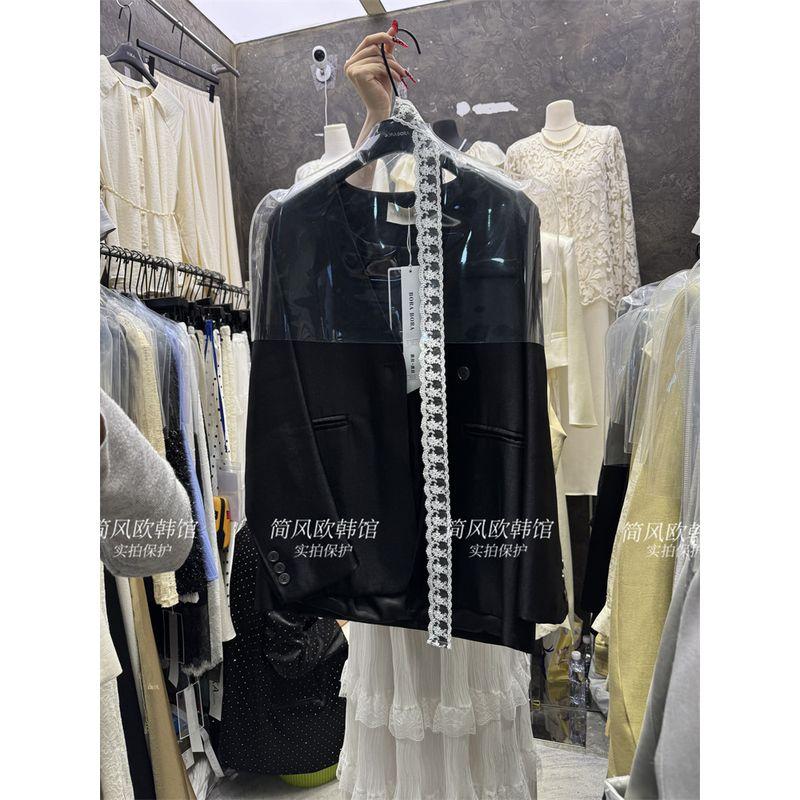 

Элегантные блейзеры с V-образным вырезом и кружевной лентой премиум-класса Женские 2025 Весна Новинка Корейский стиль Свободный Облегающий Топ Black All yards