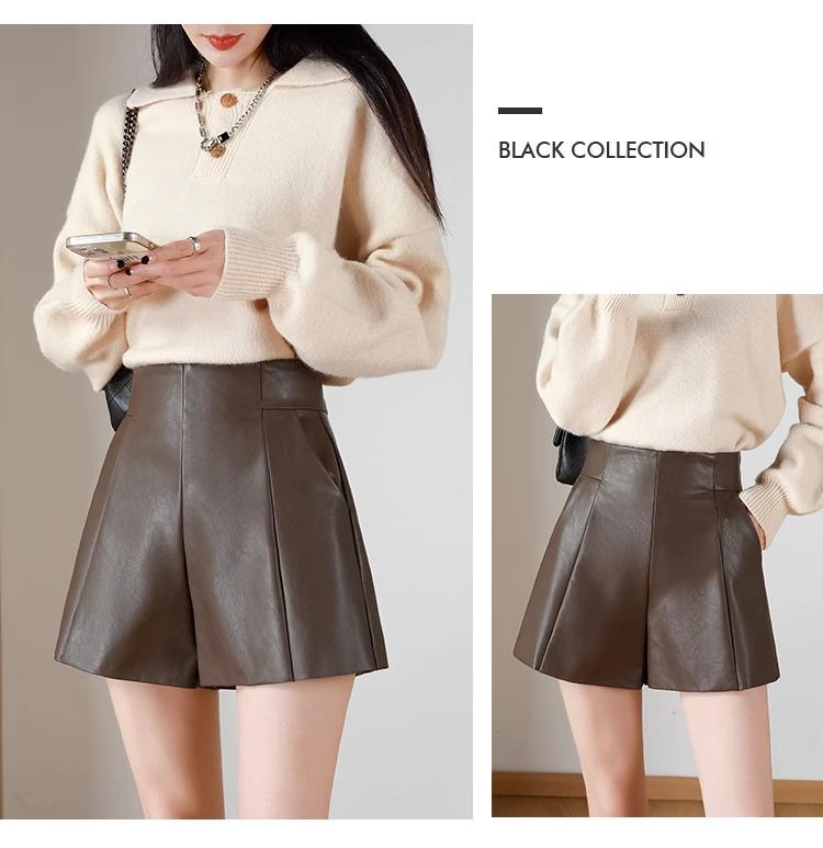 Women's Black PU High-Waist Leather A-Line Shorts - Slim Fit, Wide-Leg, All-Season, Versatile Outdoor Wear.