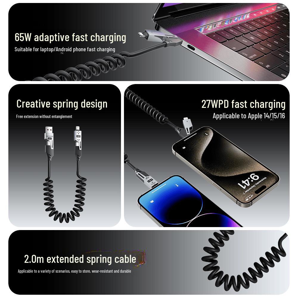 [True PD65W+27W] 4-in-1 Double Magic Spring Telescopic Charger 65W for Apple, Huawei, iPhone 16