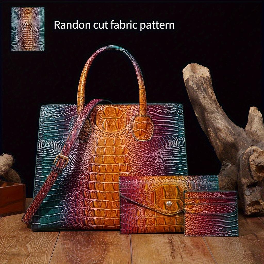 3 Pcs Crocodile Pattern Handbag & Purses Set, Multi-functional Vintage Top Handle Crossbody Bag & Business Clutch Bag & Card Coin Purse