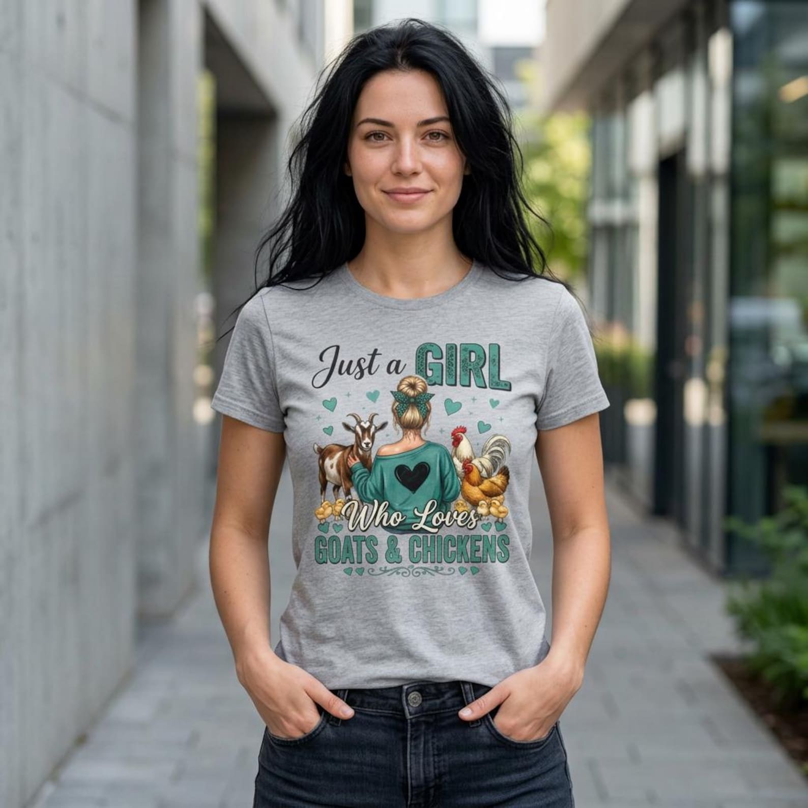 Just A Girl Who Loves Goats And Chickens T-Shirt; Funny Farm Life Tee; Country Goat Mom Aesthetic Top L