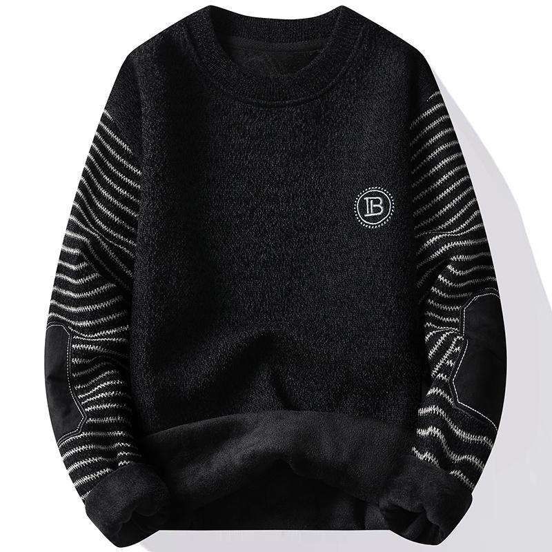 Men's Sweater Patckwork Round Neck Pullovers Fleece Lined Thick Warm Winter Knitwear Fashion Jumpers Men's Clothes