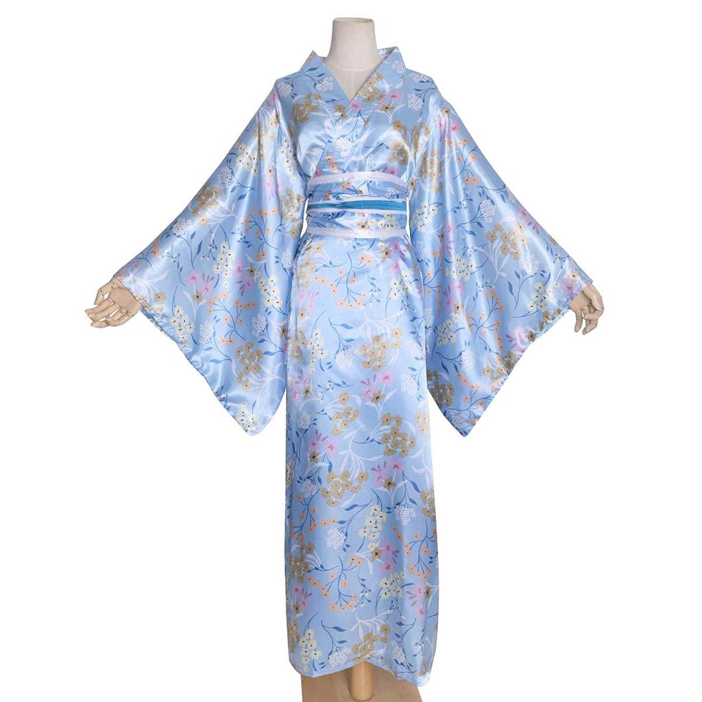 Costume Kimono Japonais Floral Geisha Yukata Long Peignoir Traditionnel Asiatique Déguisement Peignoir Pyjama Ceinture Tenue [HONGFU] (M, L10-Bleu)