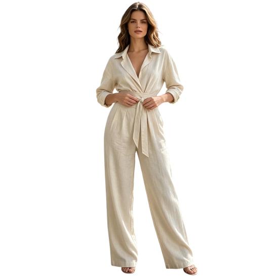 Women Loose Fitting Rompers V Neck Long Sleeves Jumpsuit, Collared One Piece Romper with Wide Leg Pants Belt, Solid Color Dressy Casual Fall Outfits