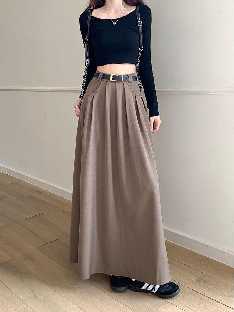 2026 New High-Waist A-Line Chic Long Suit Half-Skirt for Women - Spring/Autumn Korean Style Slimming Umbrella Skirt