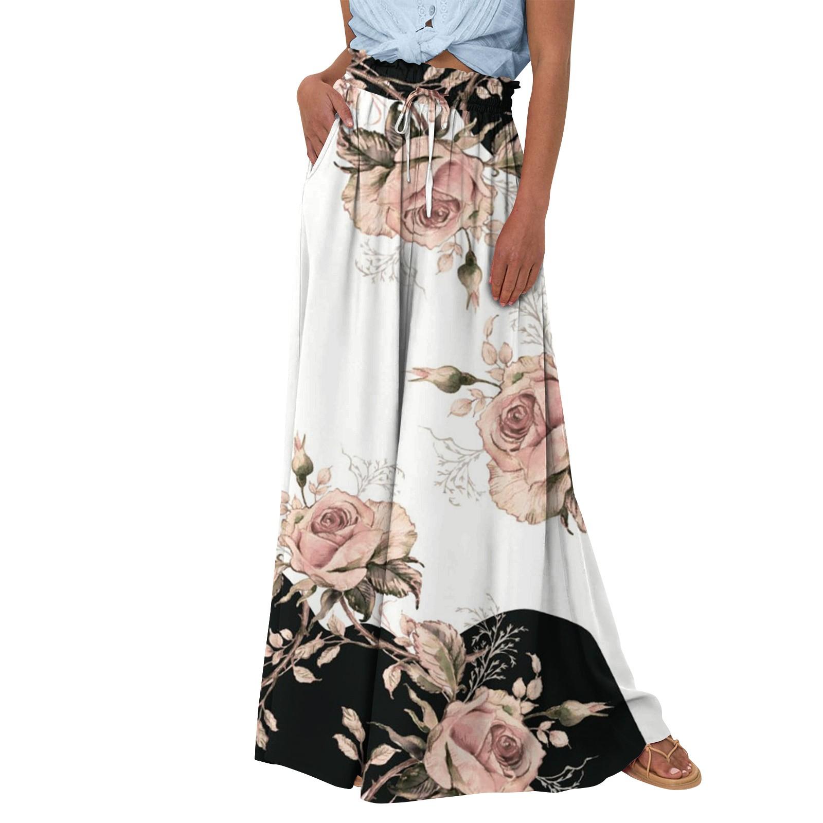 

Женские широкие брюки с высокой талией, летние повседневные струящиеся брюки-палаццо, пляжные брюки с цветочным принтом и карманом XXL розовый