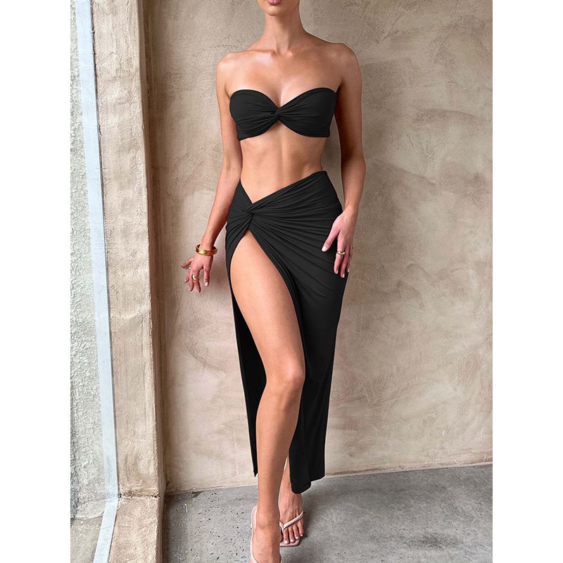 Sexy Strapless High Waisted Slit Skirt Sexy Tube Top High Waist Slit Skirt