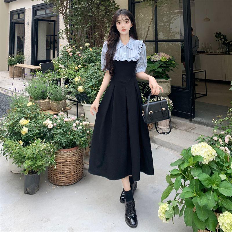 Design French Dress Women's Summer New Large Size Fat Mm Fake Two Pieces Thin College Style Short Sleeve Long Skirt