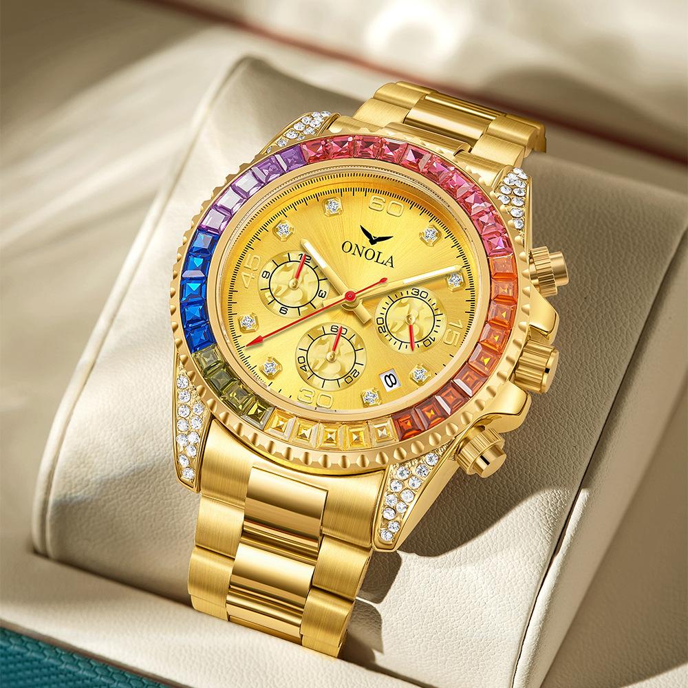 ONOLA Luxus Gold Uhr Herren Automatik Datum Edelstahl Wasserdicht Uhr Mode Regenbogen Iced Diamant Quarz Armbanduhr