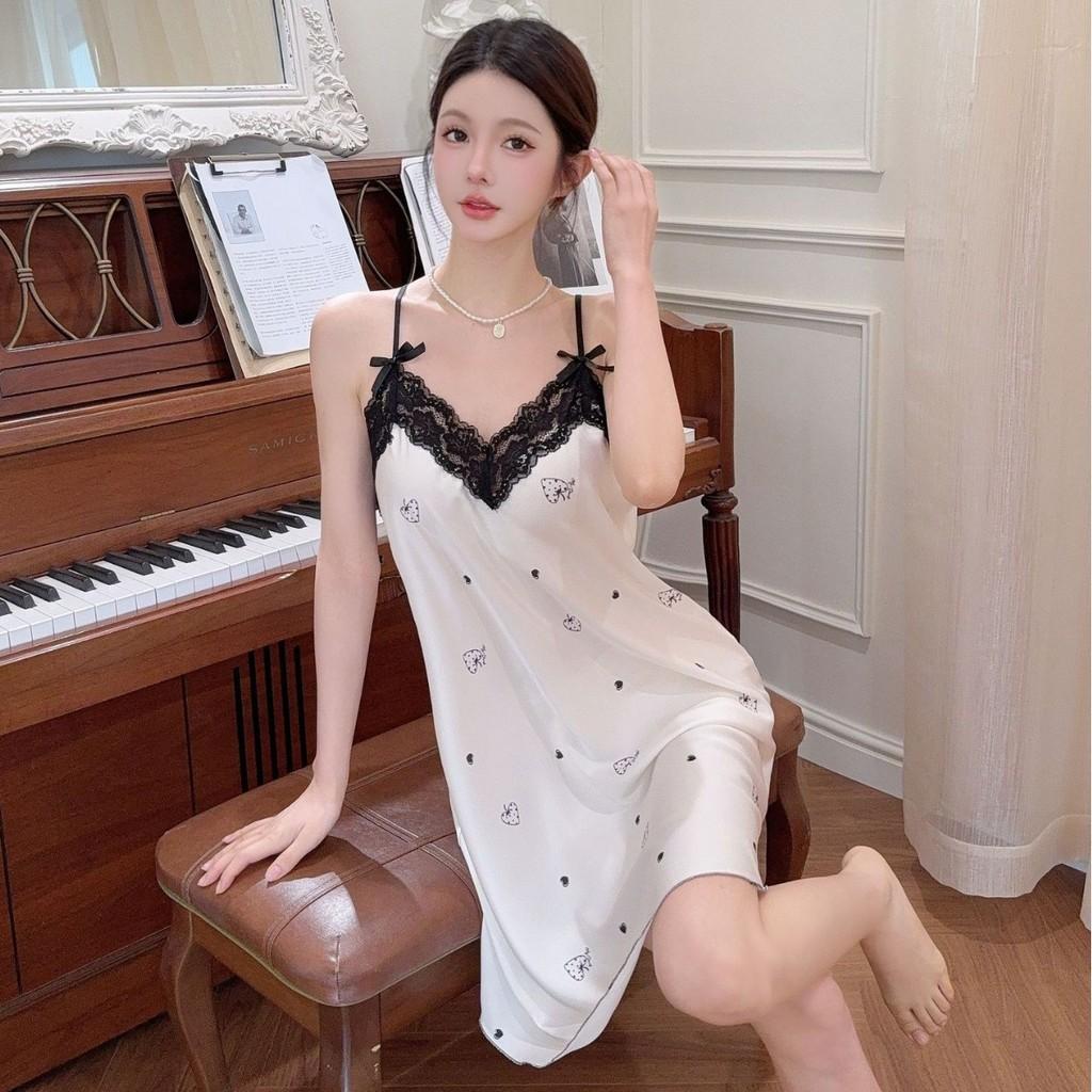 Ice Silk Summer Sleep Dress With Vneck And Floral Lace For Youth Women