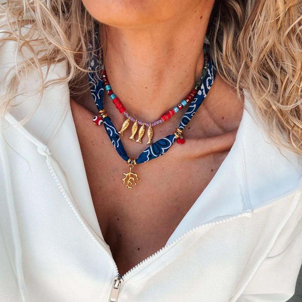 Bohemian Cloth Wrap Scarf Necklace Stainless Steel Charm Pendant New Beach Jewelry