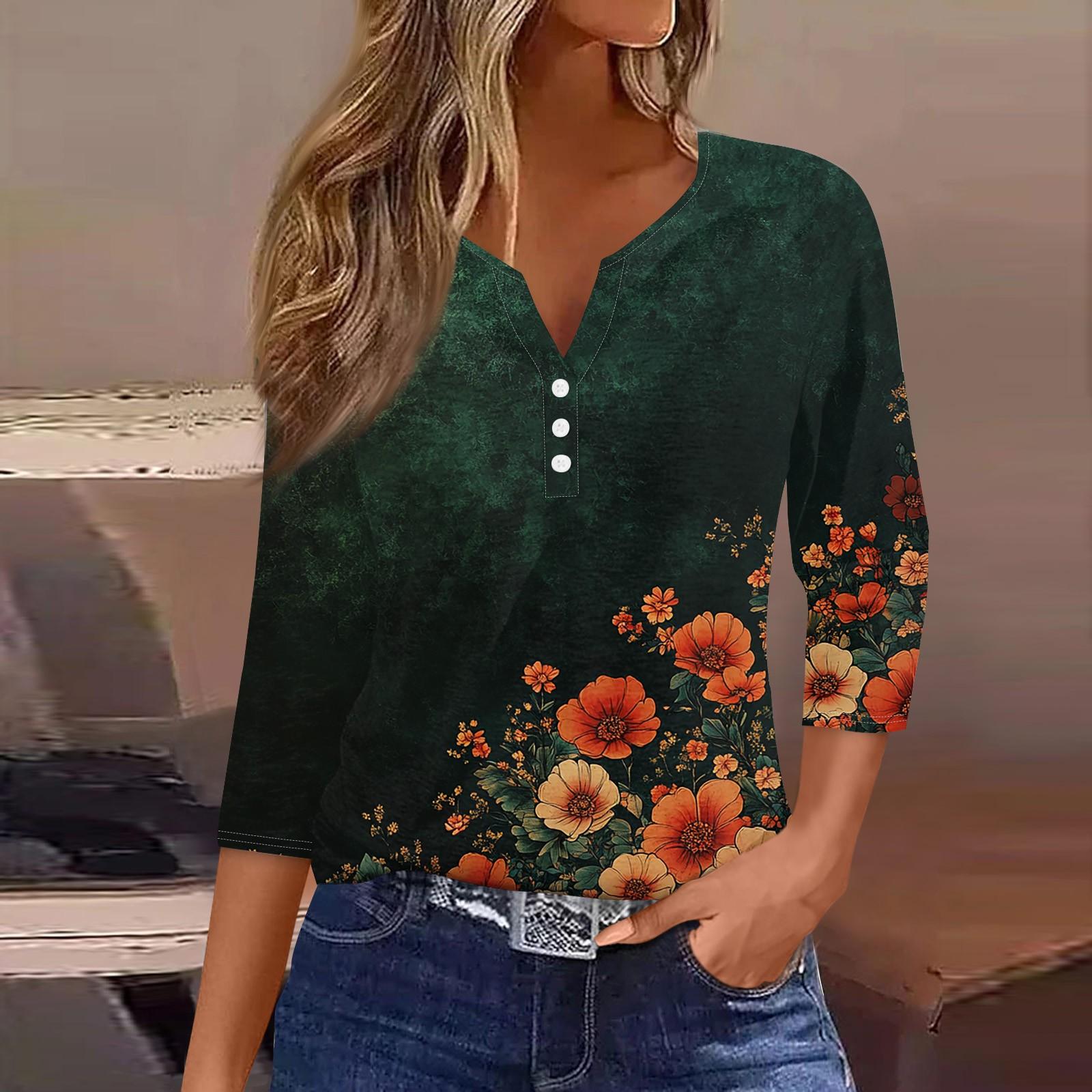 

Women s Fashion Casual Floral Print V-Neck Decorative Button Three-quarter Sleeve T-Shirt Top XL