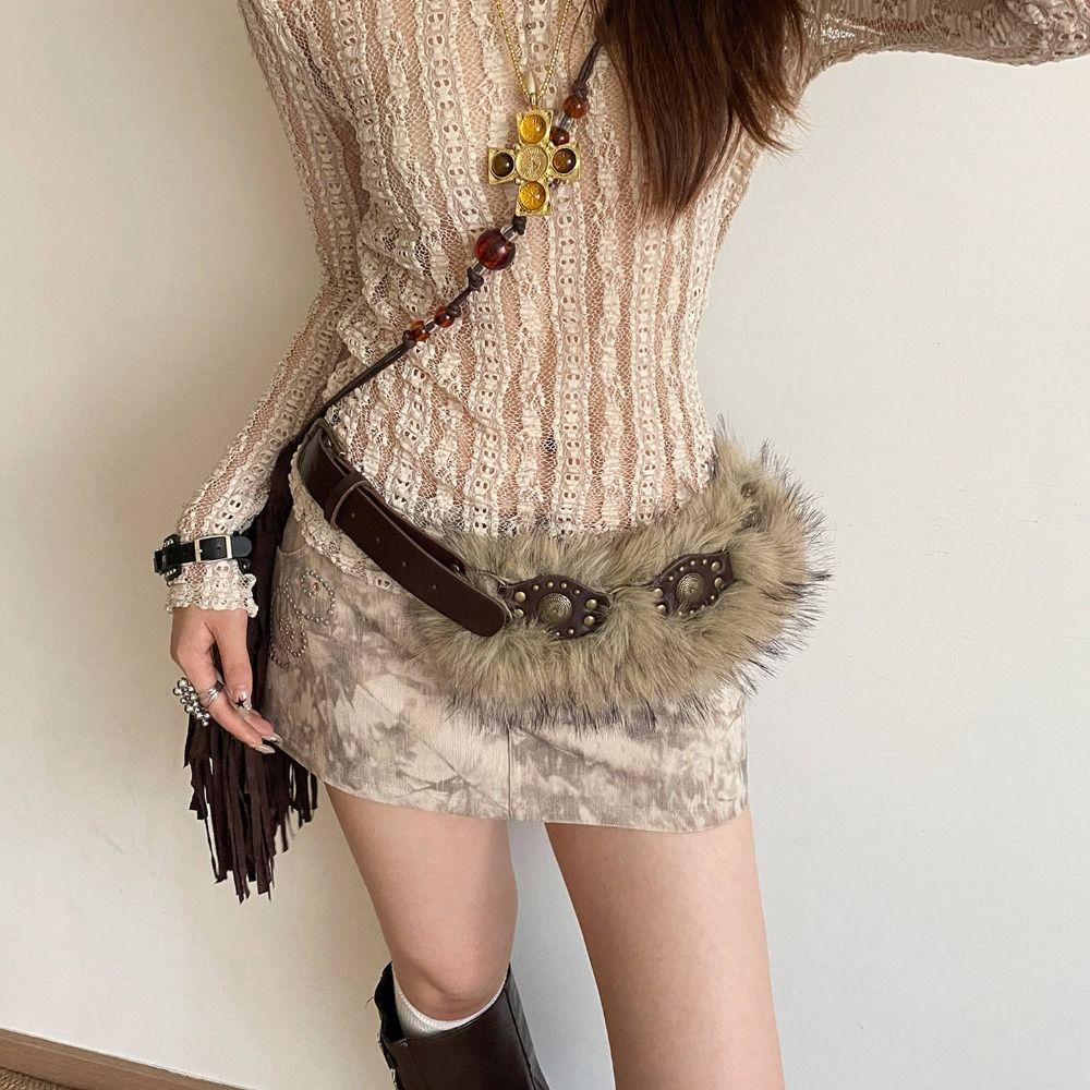 PU Leather Furry Waistband Spicy Girl Style Y2K Waistband Vintage Plush Belt  Female/Girls