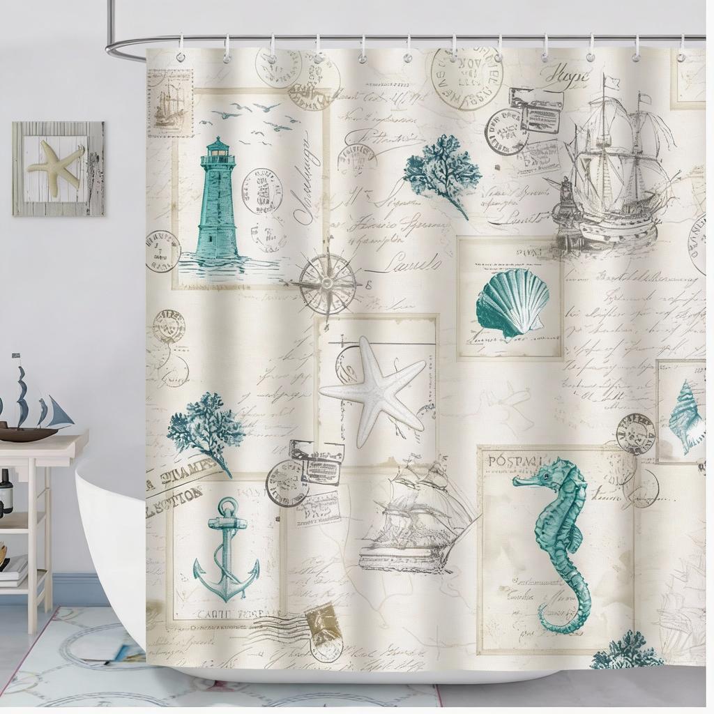Modern Nautical Anchor Lighthouse Sailing Shower Curtain 180 X 200Cm Washable Polyester Shower Curtain With 12 Hooks