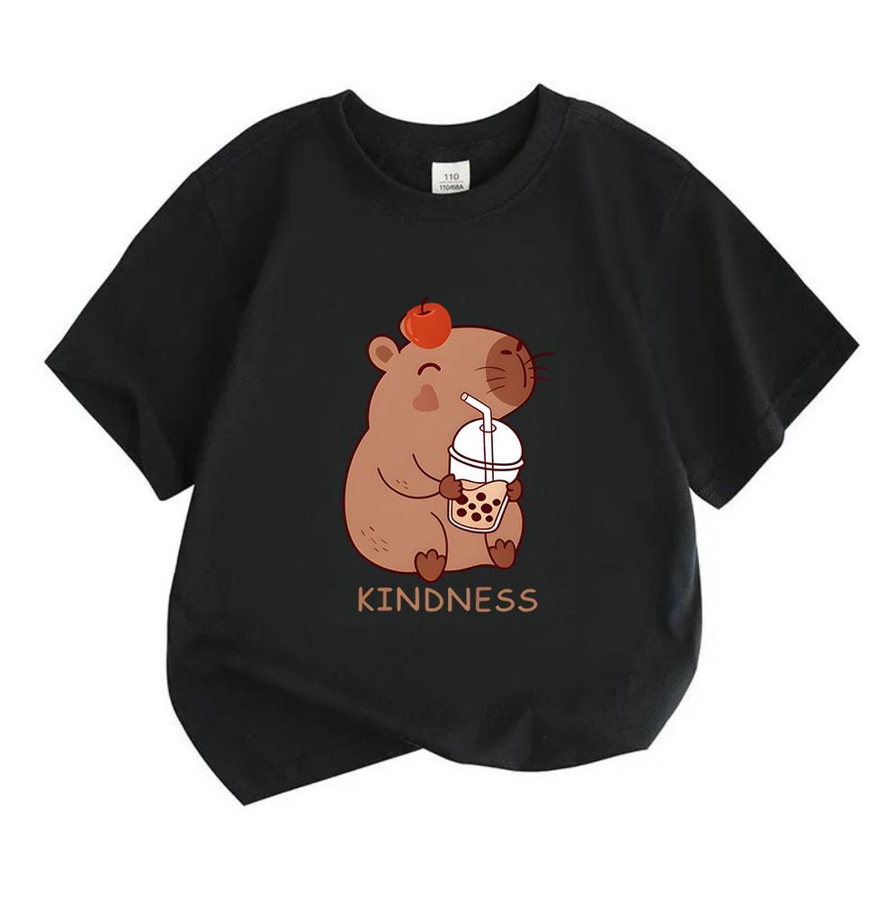 Kids Boys Girls 100% Cotton Crew Neck Short Sleeve T-Shirt, Cute Capybara With Boba Tea Red Apple Kindness Print Casual Soft Tee For Daily Wear