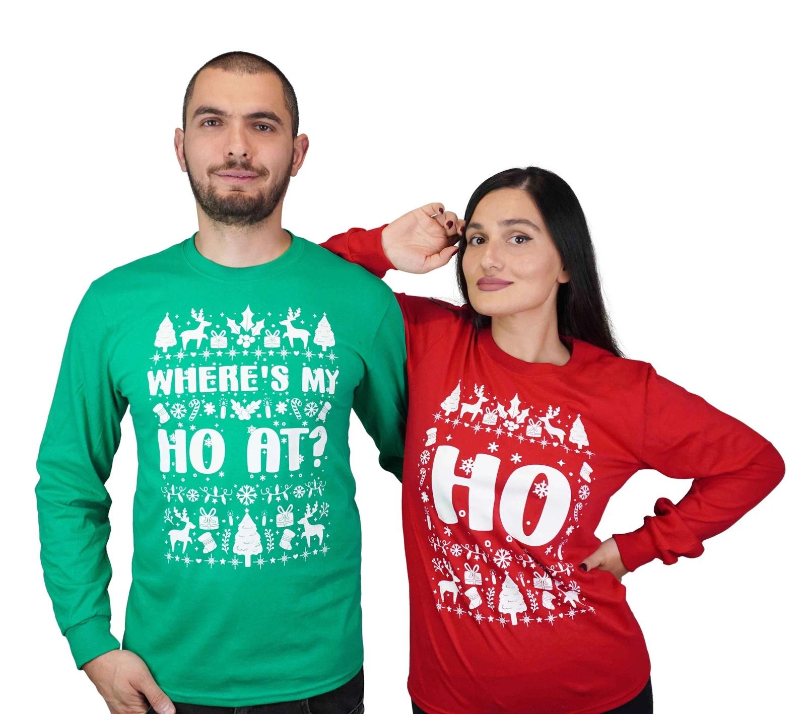 Christmas funny matching outfits where s me ho at men s green women s red shirt XS