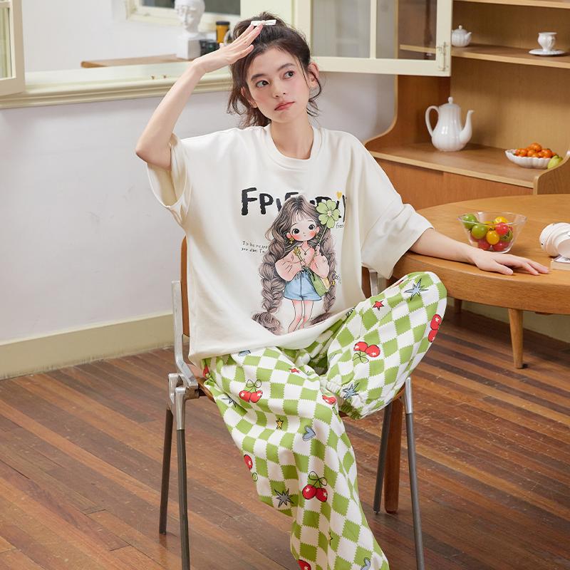 Women's Cotton Pajamas Summer New Sle Ort Sve Long Pants Large Size Cartoon Cute Sweet Home Leisure Suit Set Casual Fasion