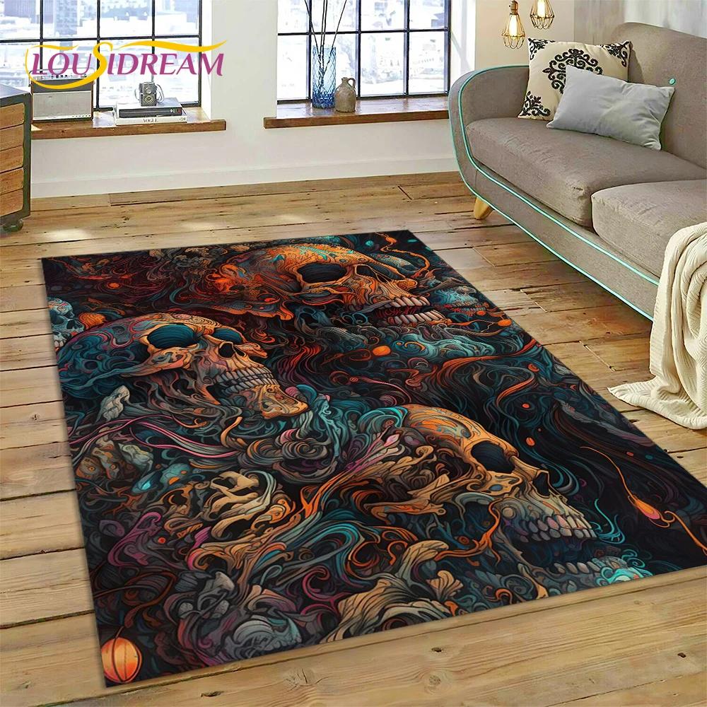 Cartoon Horrible Gothic Skull Flowers Carpet Rug for Home Living Room Bedroom Sofa Doormat Decor,Kid Area Rug Non-slip Floor Mat
