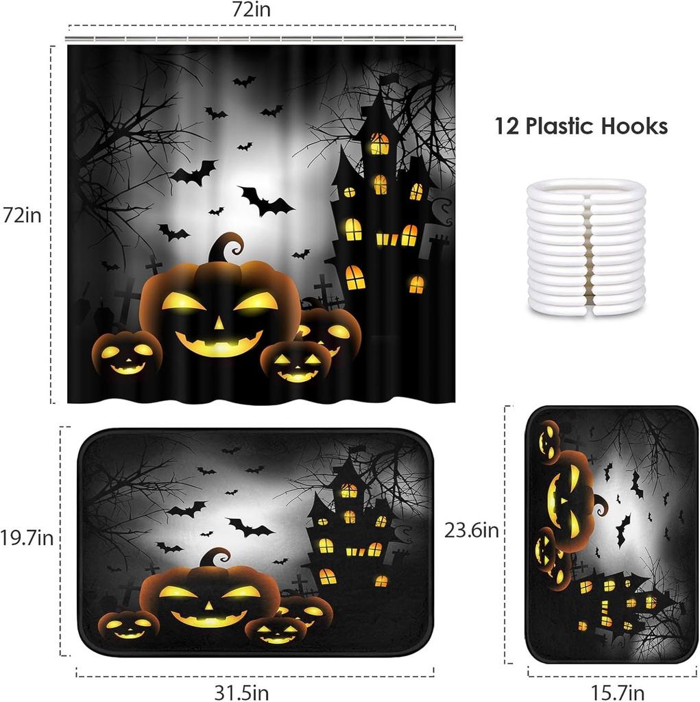 Arttohalloween Pumpkin Bathroom Set With Shower Curtain And Rugs And Accessories, Fun Ghost Black Shower Curtain Set, Spooky
