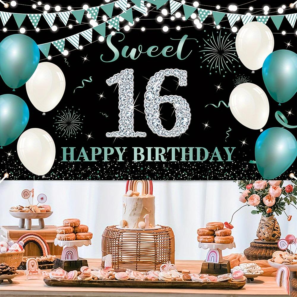 2D Plane 1 Piece of Sweet 16th Birthday Banner Equipped with Green Balloons and Glitter Design