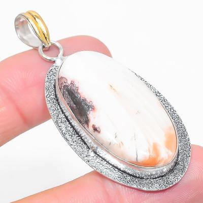 Natural Orange Scolecite Stone Two Tone 925 Sterling Silver Pendant 2.29" j4Y38