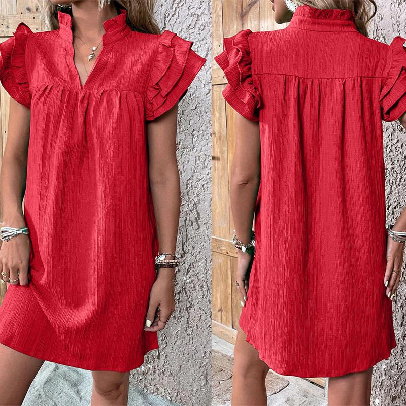 Tiered Flounce Sleeve Dress - V-Neck Pullover Maxi