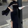 European and American niche design sense, high-grade black slim-fitting fishtail skirt, high-necked hollow-out split-end slim dress, dress