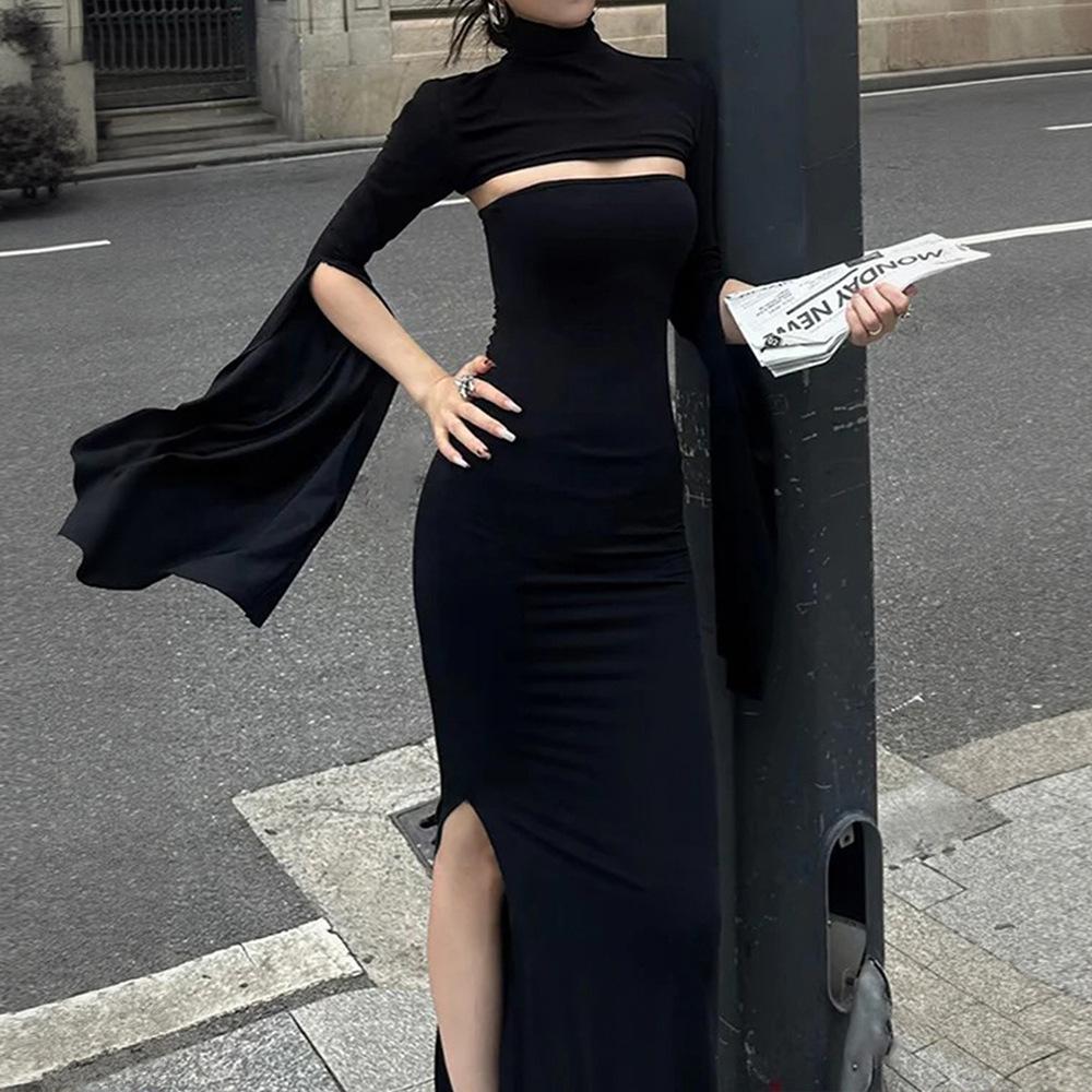 European and American niche design sense, high-grade black slim-fitting fishtail skirt, high-necked hollow-out split-end slim dress, dress