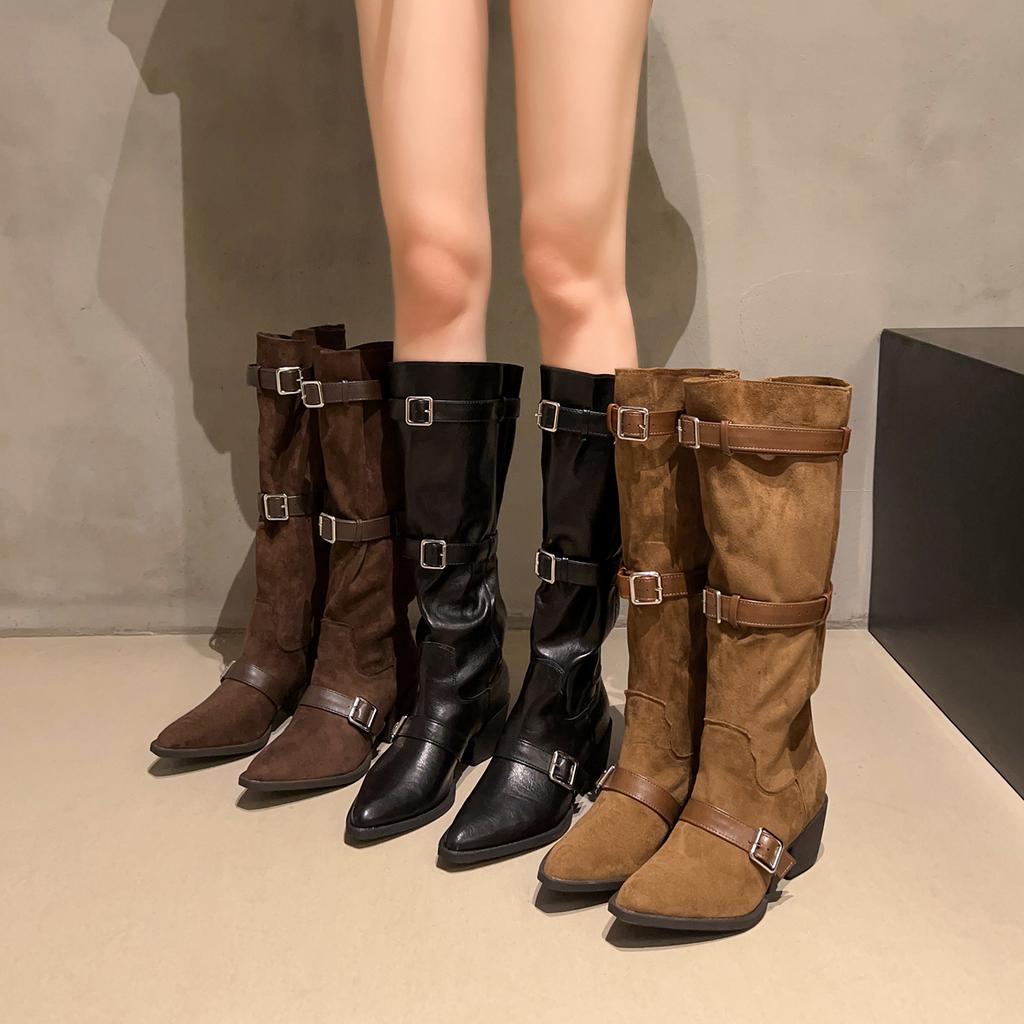 Fashion Pointed Folded Knight Boots Women's Spice Girls Belt Buckle Big Tube Pile Boots But Knee Wide Boots Long Boots