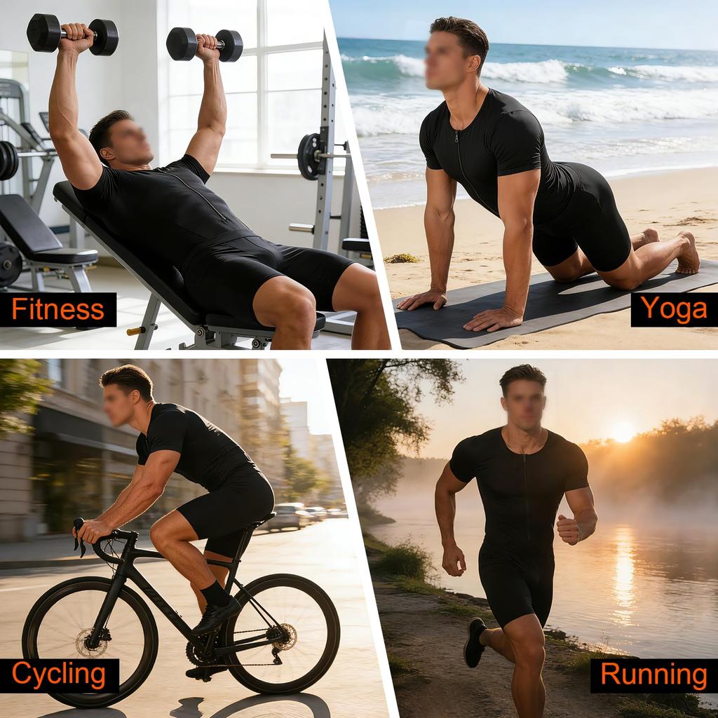 Sauna-Anzug für Herren 3 in 1 Ganzkörper-Formformer Taillentrainer Schweißshirt Kurzarm Trainings-Top mit Shorts Schlankmachender Jumpsuit Fitness-Leotard für das Fitnessstudio