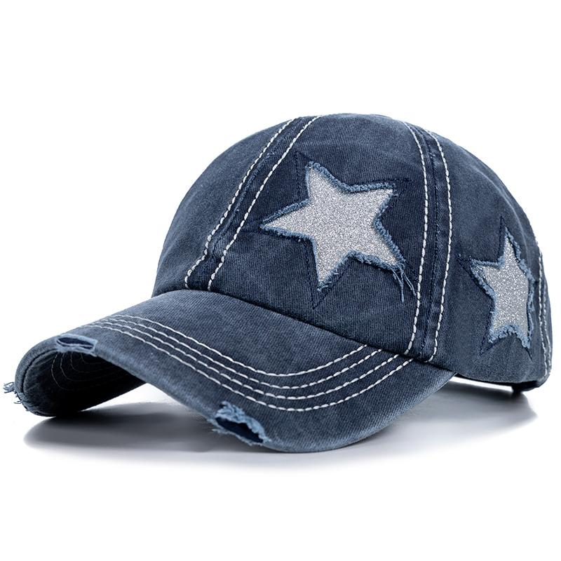 New Fashion Women Ponytail Cap Sequins 5-Point Star Hole Design Baseball Cap Female Washed Cotton Streetwear Hats
