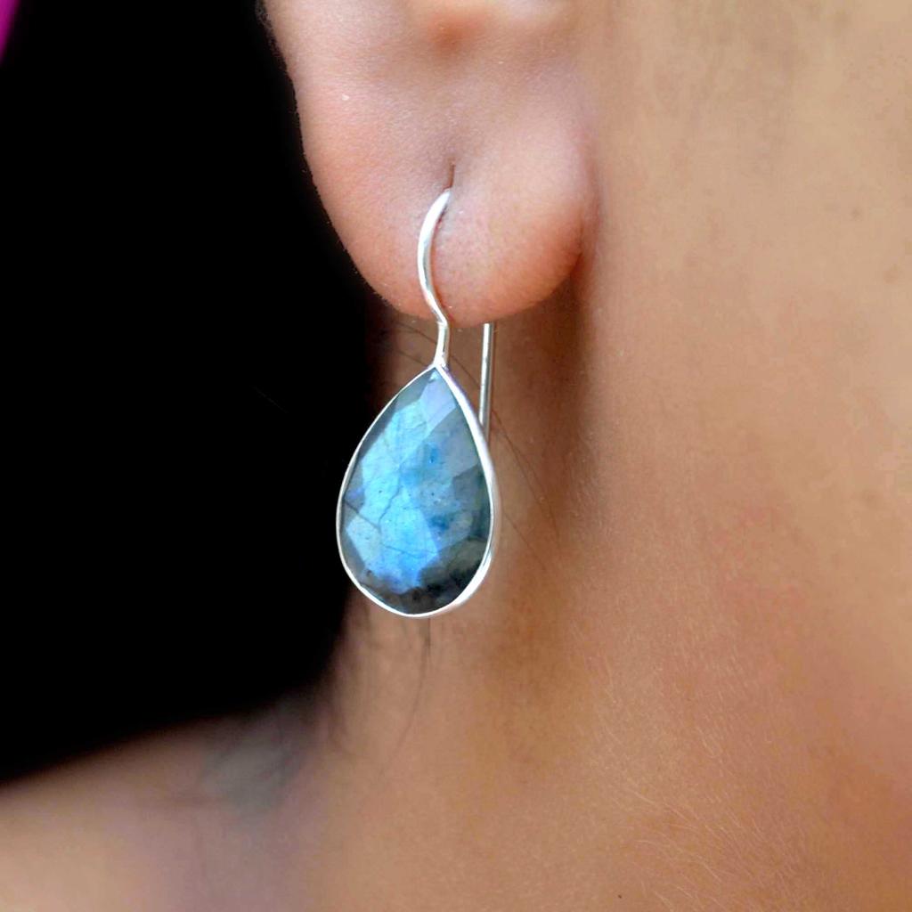 Labradorit 925 Sterlingové stříbro Visací náušnice, Drahokam Ručně vyráběné Visací náušnice