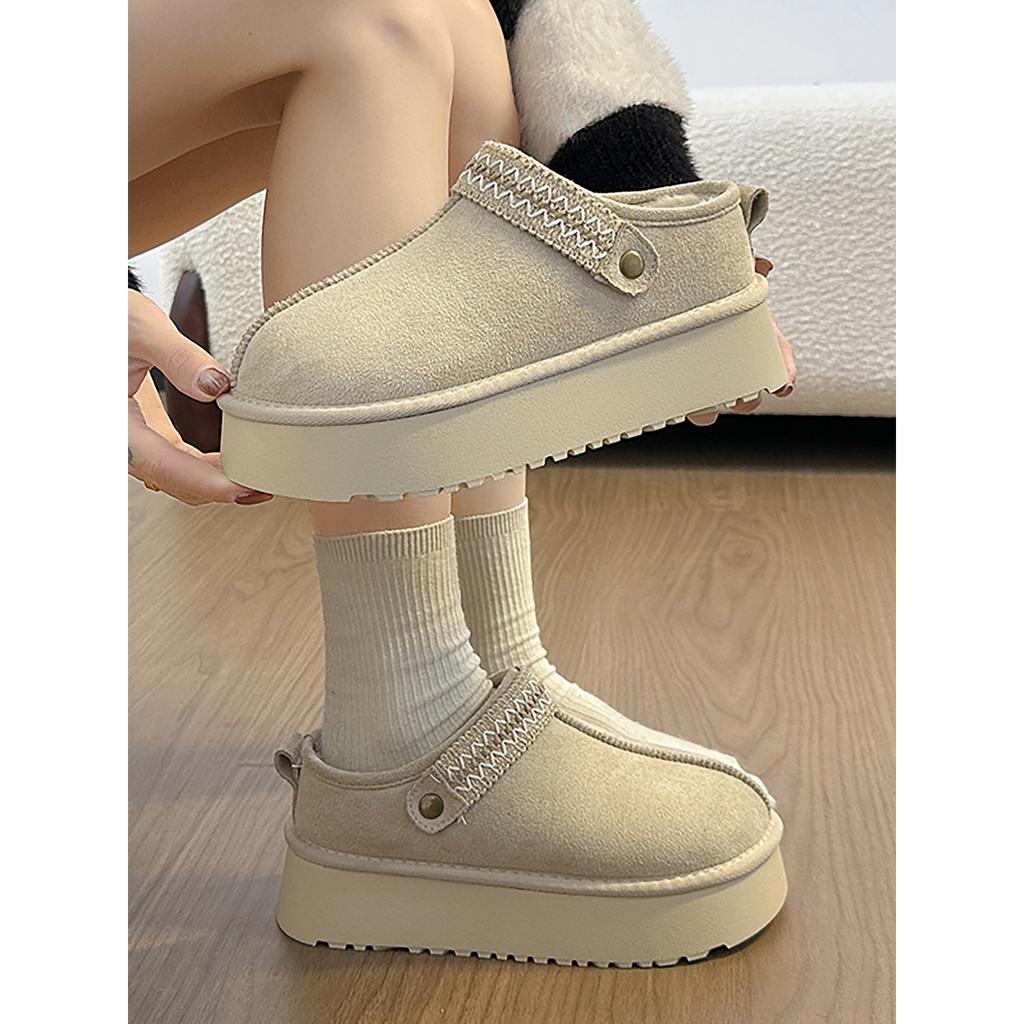 Brown velvet thickened thick-soled half-tow Birkenstocks for women's winter warm outer wear non-slip snow cotton tow