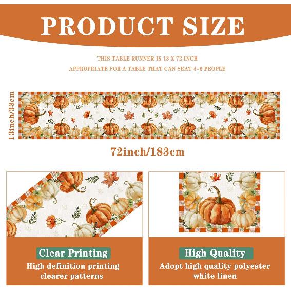 Pumpkin Fall Table Runner, Autumn Thanksgiving Pumpkin Kitchen Dining Table Decoration, Holiday Party Decor, 13x72 Inch