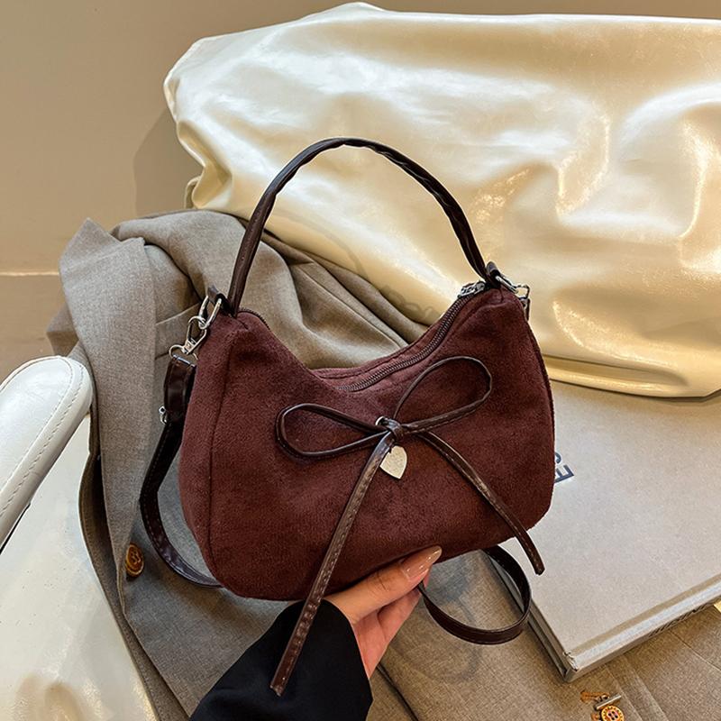 Vintage Bow Candy Color Women Suede Shoulder Bags Simple Lightweight Ladies Crossbody Bag Portable Girls Handbags Purse