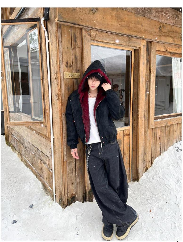 Men's Heavyweight Red Fur Collar Retro PU Leather Cotton Jacket - Plus Velvet Thick Warm Outerwear