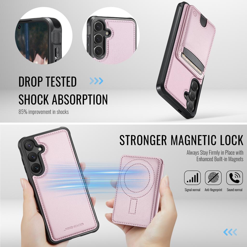 For Samsung Galaxy S25 Magnetic Case JEEHOOD J10 Leather Back Phone Cover with Detachable Card Holder Kickstand