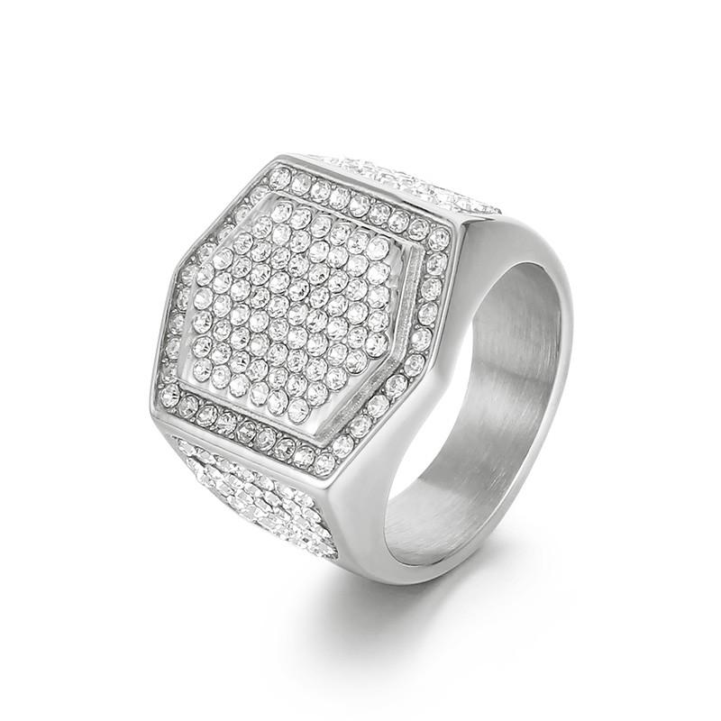Hip Hop Full Zircon Larger Finger Rings Men's Shiny Stainless Steel Women's Gold Color Anillos Cocktail Ring Party Jewelry Gift