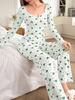 Women’s Heart Print Long Sleeve Top and Pants Pajama Set Two-Piece Loungewear Set Suitable for Outdoor Wear