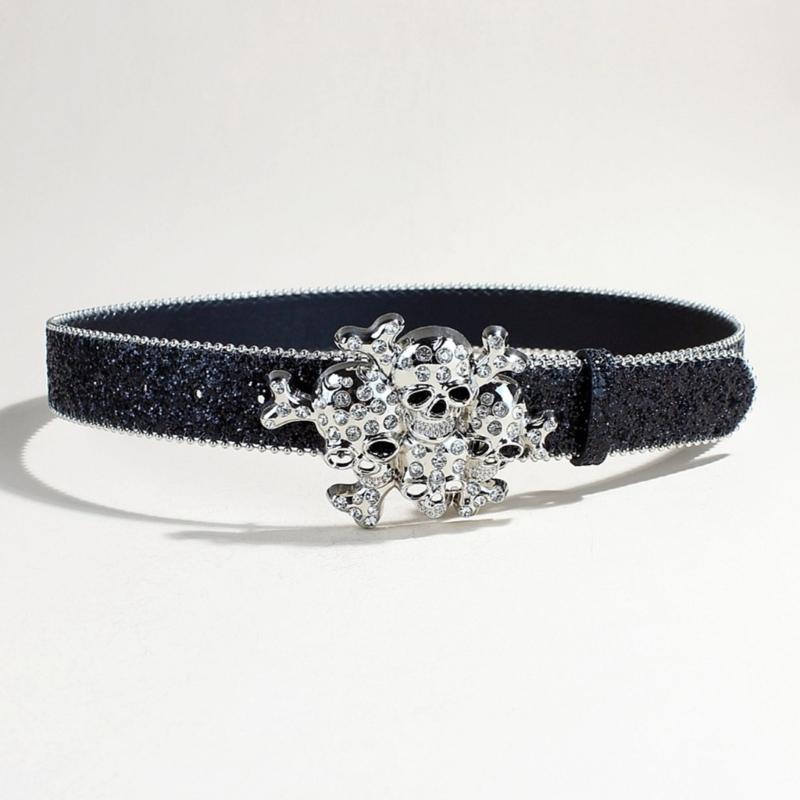 Women's Rhinestones Belt Glitters Leather Waist Belt Western Skull Waist Belt for Stylish Youth