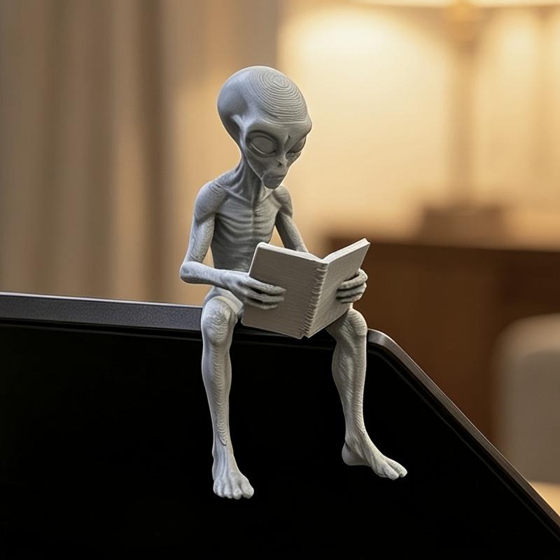 Creative Alien Reading Book Statue, Unique Quirky Desktop Decor, Trendy Display Ornament for Study & Bookshelf, Colorfast, Fun O