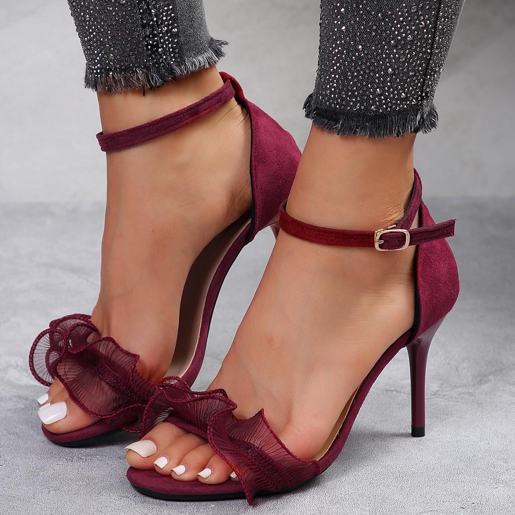 Sexy Temperament High-heeled Sandals Women's 2025 Summer New Lace One-word Sandals Large-size Stiletto Sandals