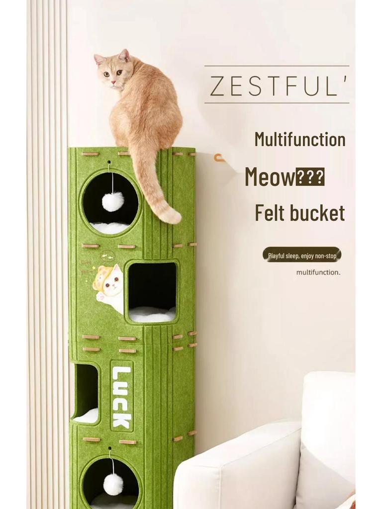 Waterwood Space-Saving Cat Climbing Frame: Felt Barrel Nest with Three Layers and Tree Hole for Big Cats