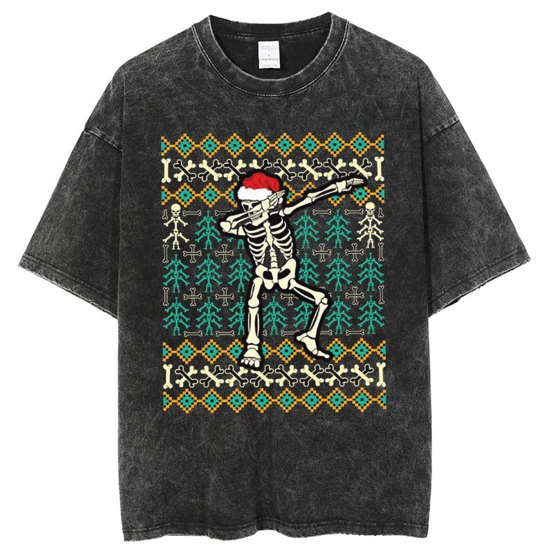 Skull Print Women's T-Shirt Y2K Unisex Style Oversized Washed Denim Short Sleeve Retro Trend Harajuku Top Men