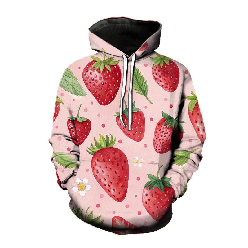 Dámska mikina s 3D potlačou jahody Roztomilý ovocný vzor Voľný ležérny top s dlhým rukávom Módna pohodlná unisex mikina